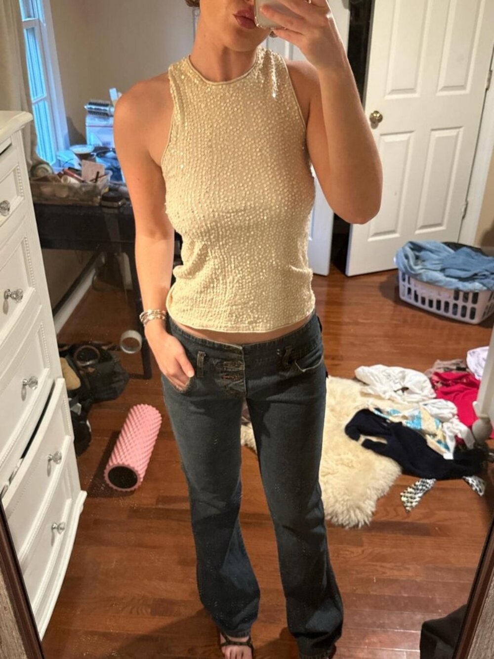 Cream knit tank top with beads cache size small